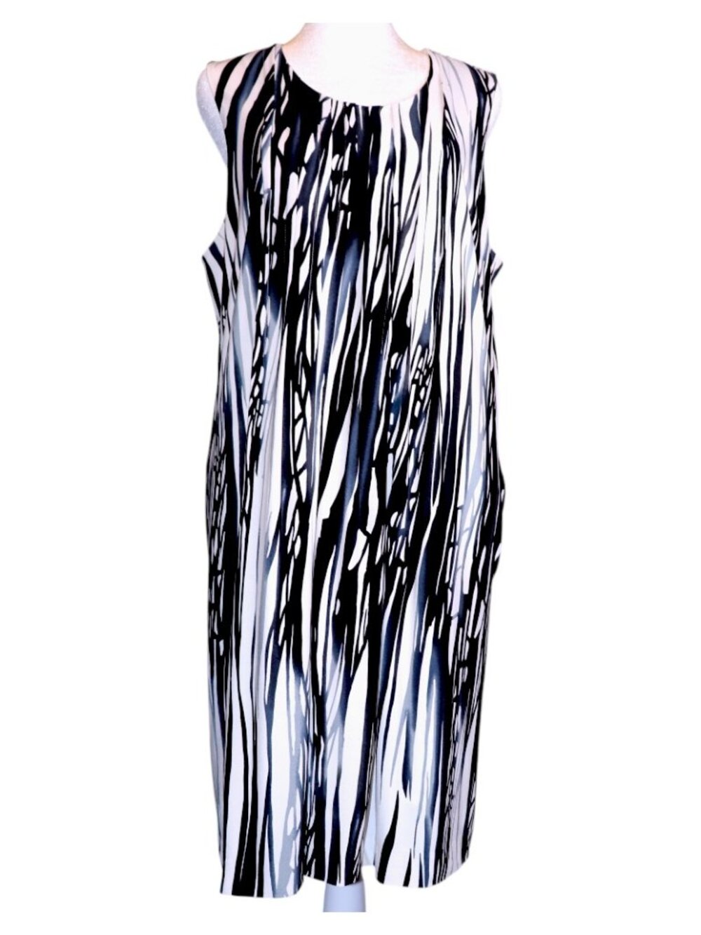 Striking Calvin Klein Black & White Pattern Sleeveless A-Line Dress Size L EUC - Picture 2 of 6